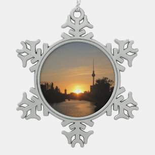 Berlin Germany Skyline Night Fernsehturm Snowflake Pewter Christmas Ornament