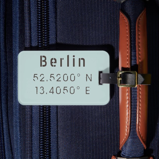 Berlin Latitude Longitude Customisable Luggage Tag (Front Insitu 4)