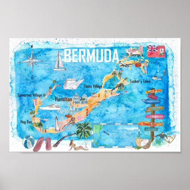 Bermuda Island Travel Poster Favourite Tourist Map (Front)