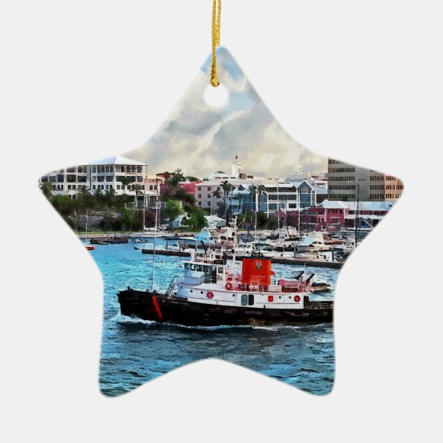 Bermuda - Tugboat Going Into Hamilton Harbour Ceramic Tree Decoration (Front)
