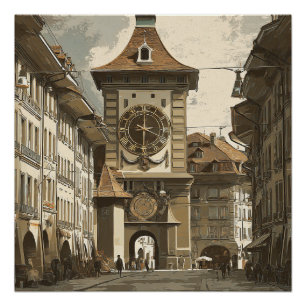 Bern Switzerland Vintage Clock Travel Poster