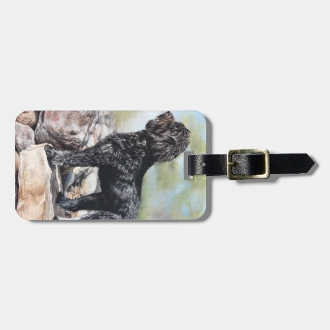 Bernadoodle dog standing on rocks luggage tag (Front Horizontal)