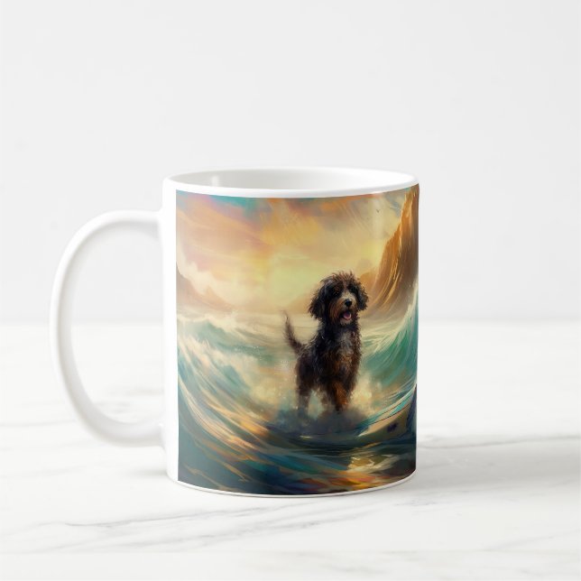 Bernedoodle Beach Surfing Painting  Coffee Mug (Left)