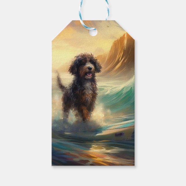 Bernedoodle Beach Surfing Painting  Gift Tags (Front)