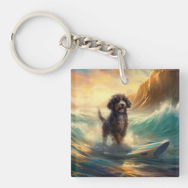 Bernedoodle Beach Surfing Painting  Key Ring (Front)