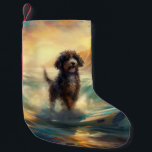 Bernedoodle Beach Surfing Painting  Small Christmas Stocking<br><div class="desc">Immerse yourself in the playful world of canine adventure with this captivating painting. A spirited dog takes to the waves, skilfully riding the surf on a sun-kissed beach. The vibrant artwork beautifully captures the essence of beachside excitement as the dog fearlessly rides the waves, embodying the spirit of fun and...</div>