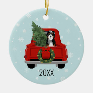 Bernedoodle christmas dog red truck ceramic tree decoration