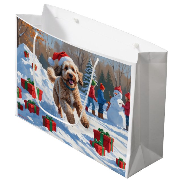 Bernedoodle Christmas Festive Snow Scene Large Gift Bag (Front Angled)