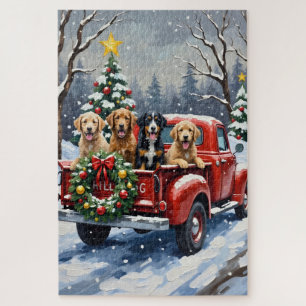 Bernedoodle Christmas Red Truck Holiday Jigsaw Puzzle