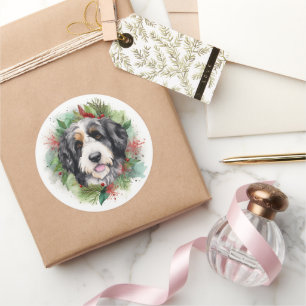 Bernedoodle Christmas Wreath Festive Pup Classic Round Sticker