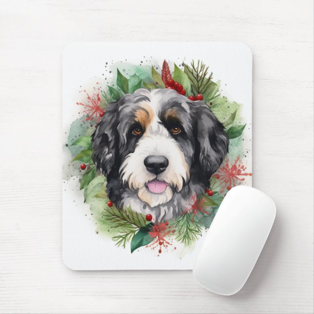 Bernedoodle Christmas Wreath Festive Pup Mouse Pad (With Mouse)