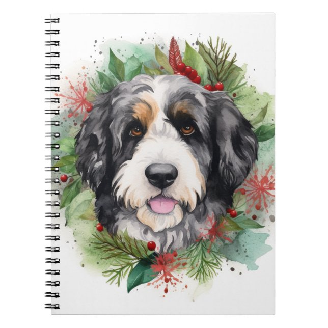 Bernedoodle Christmas Wreath Festive Pup Notebook (Front)