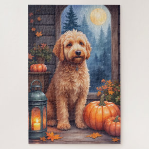 Bernedoodle Cosy Cabin Halloween Artwork Jigsaw Puzzle