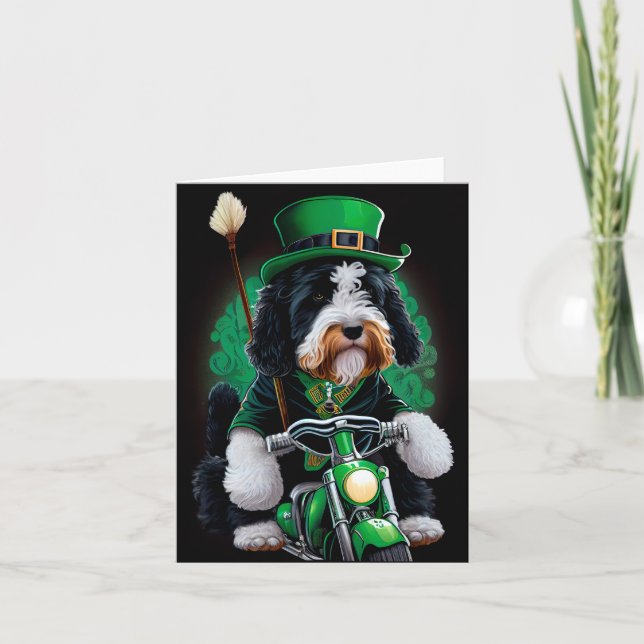 Bernedoodle Dog driving bike St. Patrick's Day Card (Front)