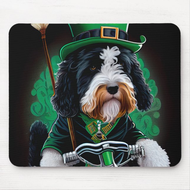 Bernedoodle Dog driving bike St. Patrick's Day Mouse Pad (Front)