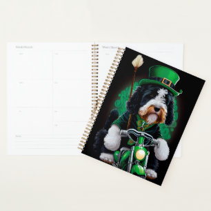 Bernedoodle Dog driving bike St. Patrick's Day Planner