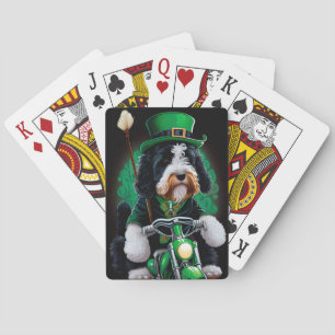 Bernedoodle Dog driving bike St. Patrick's Day Playing Cards