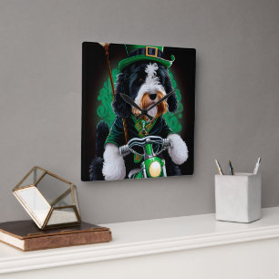 Bernedoodle Dog driving bike St. Patrick's Day Square Wall Clock
