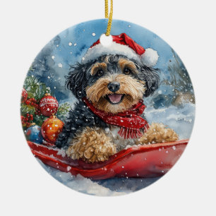 Bernedoodle Dog in Sledge Let it Snow Christmas Ceramic Tree Decoration