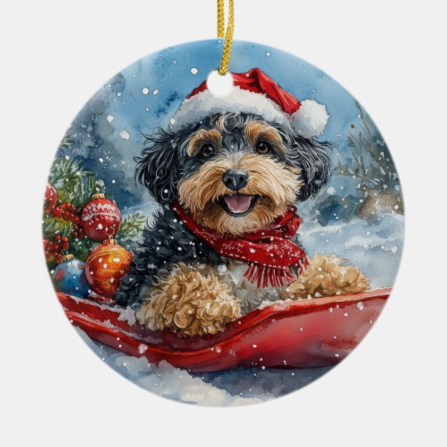 Bernedoodle Dog in Sledge Let it Snow Christmas Ceramic Tree Decoration (Front)
