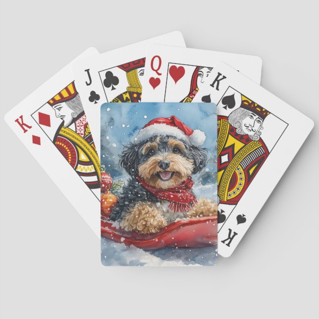 Bernedoodle Dog in Sledge Let it Snow Christmas Playing Cards (Back)