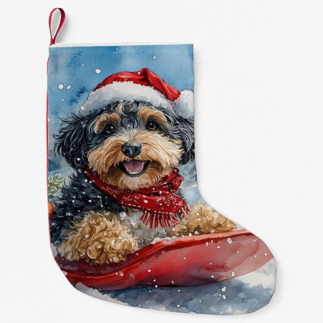 Bernedoodle Dog in Sledge Let it Snow Christmas Small Christmas Stocking (Front)