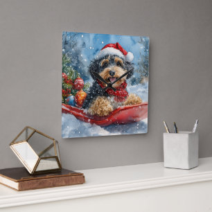 Bernedoodle Dog in Sledge Let it Snow Christmas Square Wall Clock