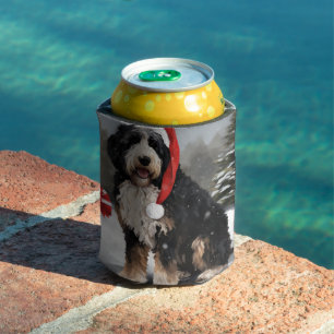 Bernedoodle Dog in Snow Christmas Can Cooler