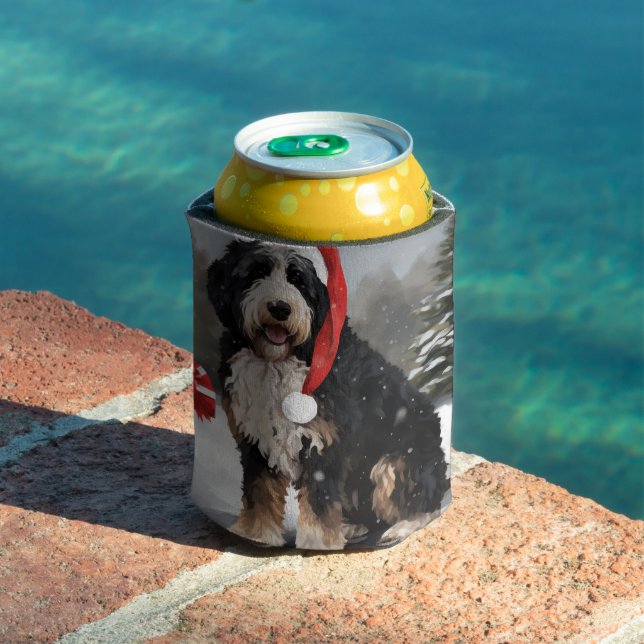 Bernedoodle Dog in Snow Christmas  Can Cooler (In Situ Pool)