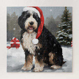 Bernedoodle Dog in Snow Christmas  Jigsaw Puzzle