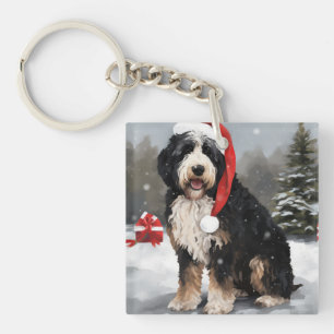Bernedoodle Dog in Snow Christmas Key Ring