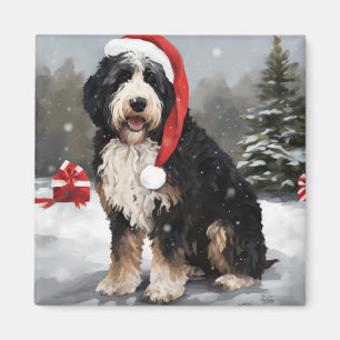 Bernedoodle Dog in Snow Christmas Magnet