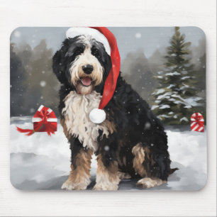 Bernedoodle Dog in Snow Christmas Mouse Pad