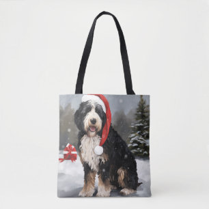 Bernedoodle Dog in Snow Christmas Tote Bag
