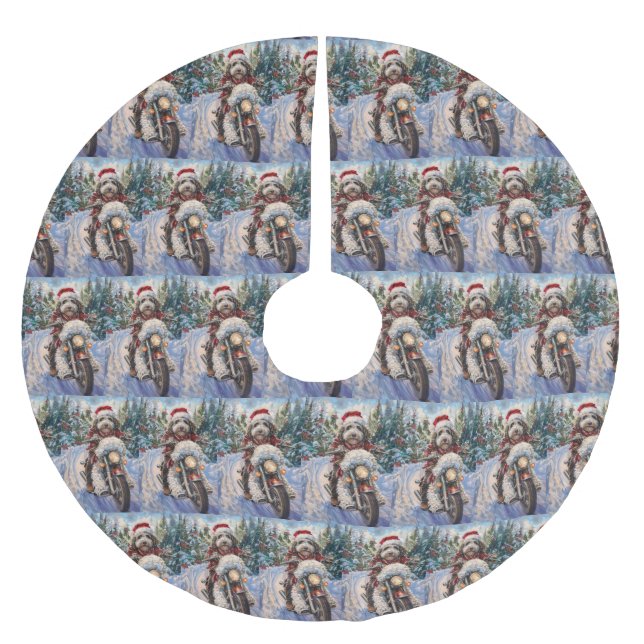 Bernedoodle Dog Riding Motorcycle Christmas Brushed Polyester Tree Skirt (Front)