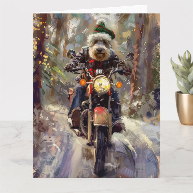 Bernedoodle Dog Riding Motorcycle Christmas  Card (Small Plant)
