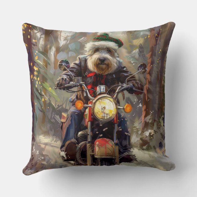 Bernedoodle Dog Riding Motorcycle Christmas  Cushion (Back)
