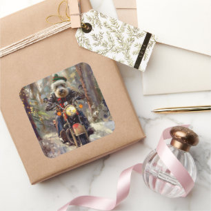 Bernedoodle Dog Riding Motorcycle Christmas  Square Sticker