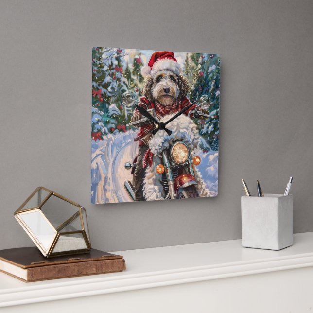 Bernedoodle Dog Riding Motorcycle Christmas Square Wall Clock (Office)