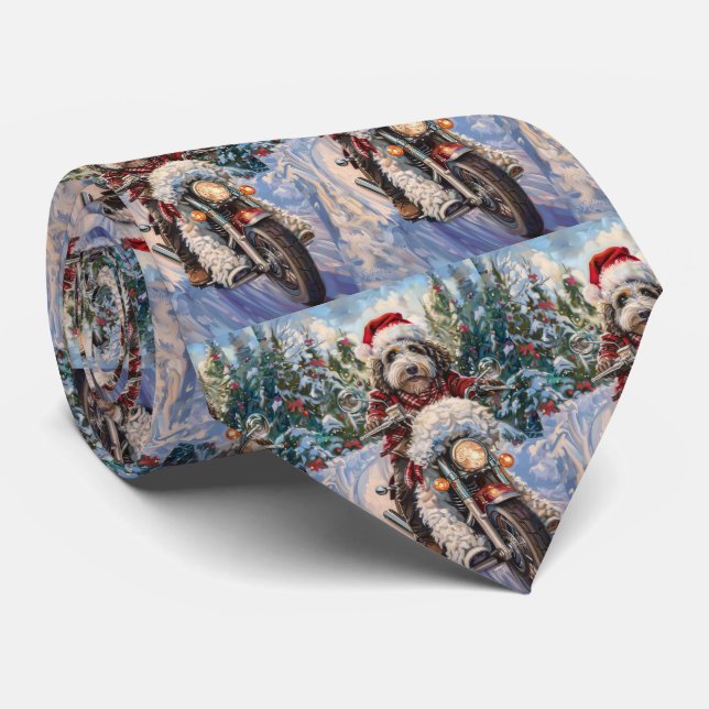 Bernedoodle Dog Riding Motorcycle Christmas Tie (Rolled)