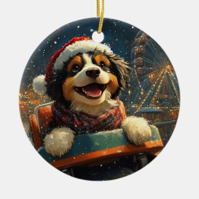 Bernedoodle Dog Roller Coaster Christmas  Ceramic Tree Decoration (Front)