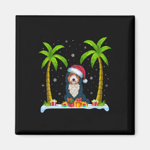 Bernedoodle Dog Santa Hat Palm Tree Beach Xmas Paj Magnet