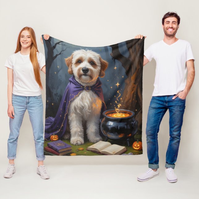 Bernedoodle Dog Whimsical Halloween Painting Fleece Blanket (In Situ)