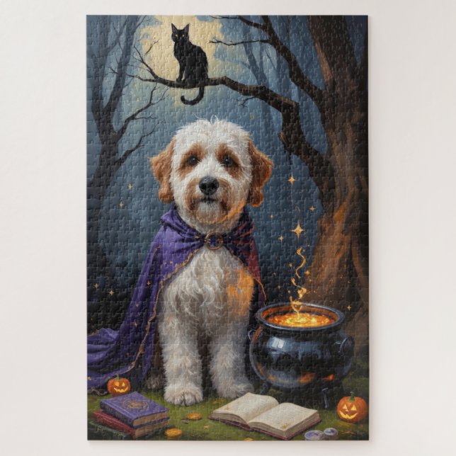Bernedoodle Dog Whimsical Halloween Painting Jigsaw Puzzle (Vertical)