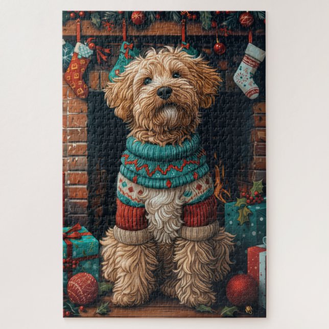 Bernedoodle Dog with Christmas Gifts Fireplace Jigsaw Puzzle (Vertical)