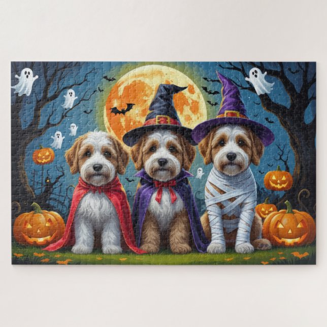 Bernedoodle Dogs Pumpkin Halloween Funny Jigsaw Puzzle (Horizontal)