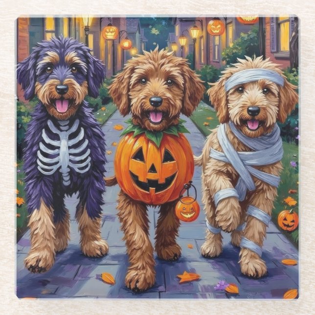 Bernedoodle Dogs Trick-or-Treating in Halloween Co Glass Coaster (Front)