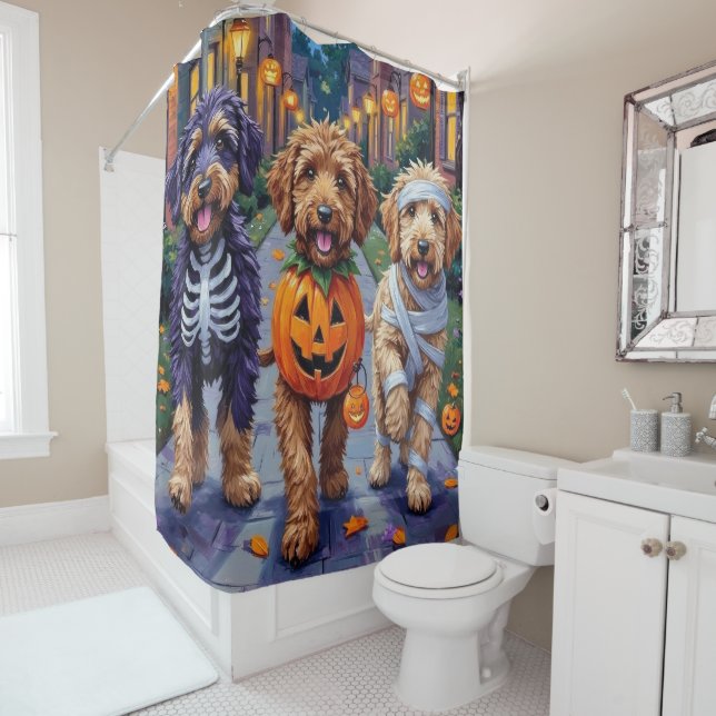 Bernedoodle Dogs Trick-or-Treating in Halloween Co Shower Curtain (In Situ)