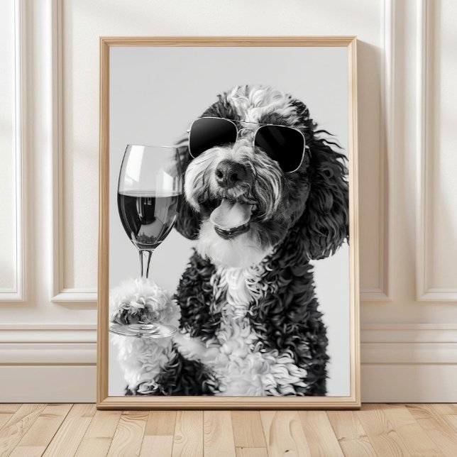 Bernedoodle Drinking Wine Wall Art, Black and Whit Poster (Creator Uploaded)