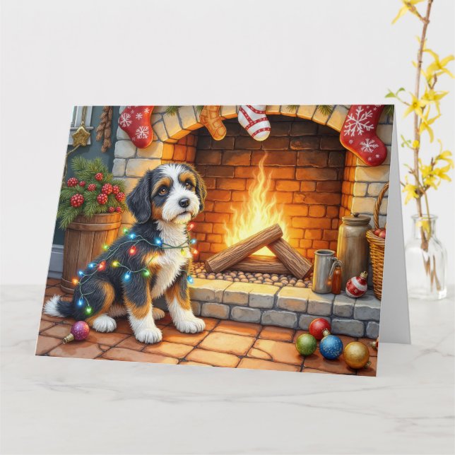 Bernedoodle Fireplace with Christmas Lights Card (Yellow Flower)